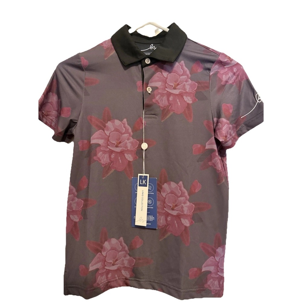 NWT Boston Scott Links Collection Golf‎ Polo Shirt Youth Small Floral Gray Pink